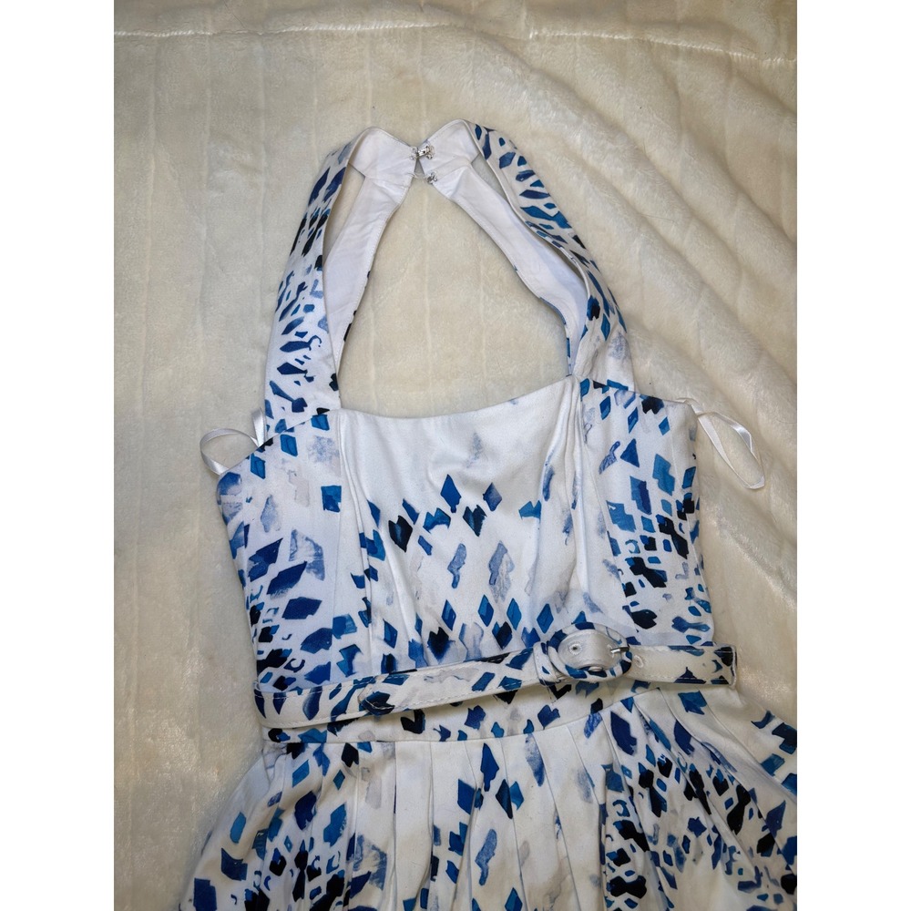 WHBM dress Blue White Geometric Diamond Print Halter Fit & Flare Sunburst Belted - Picture 4 of 11